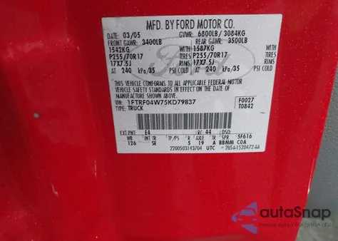 2005 Ford F-150 Stx/Xlt from USA, damaged, VIN 1FTRF04W75KD79837